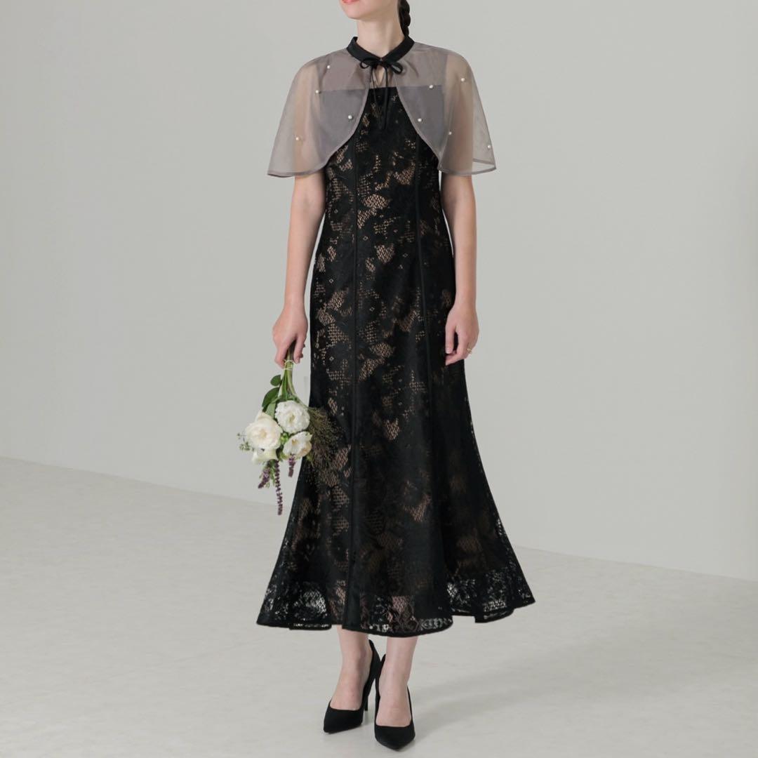 Leja パール付き ボレロ風ケープワンピース ドレス 結婚式　ブラック