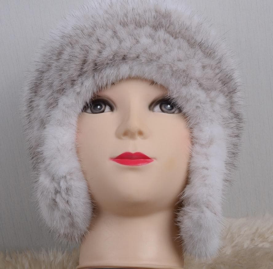新品限定 耳あて付き上質クロスミンク編みこみ帽子フォックスポンポン付き毛皮ファー