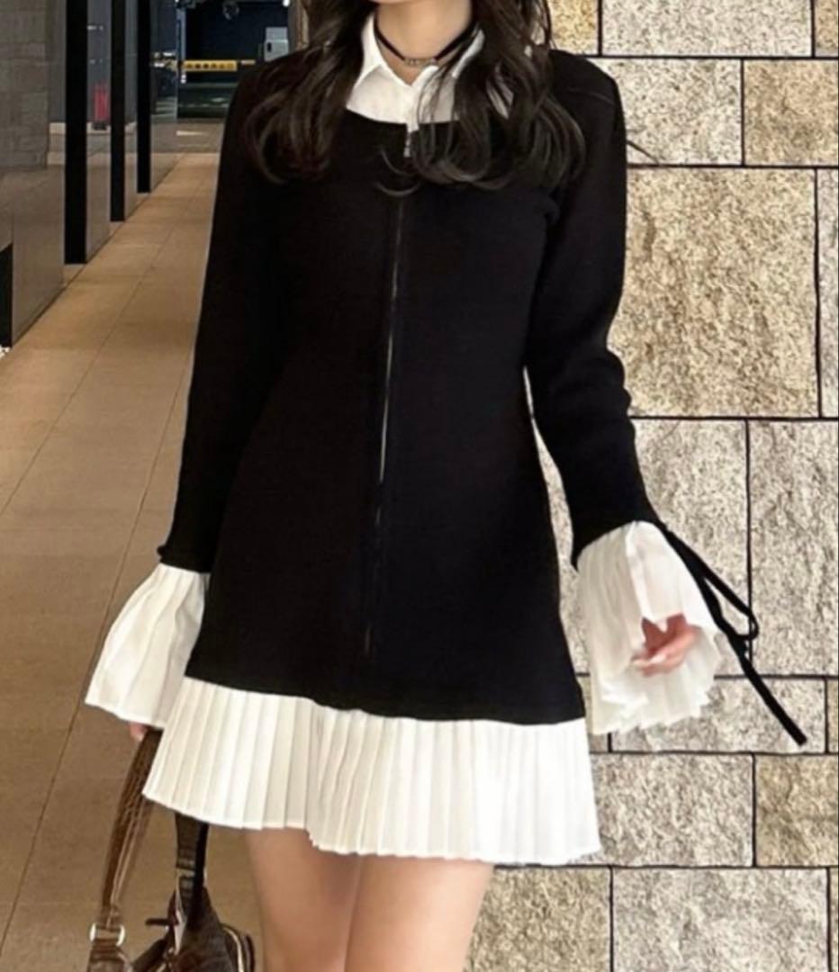 rienda レイヤードパターンシャツニットミニワンピース