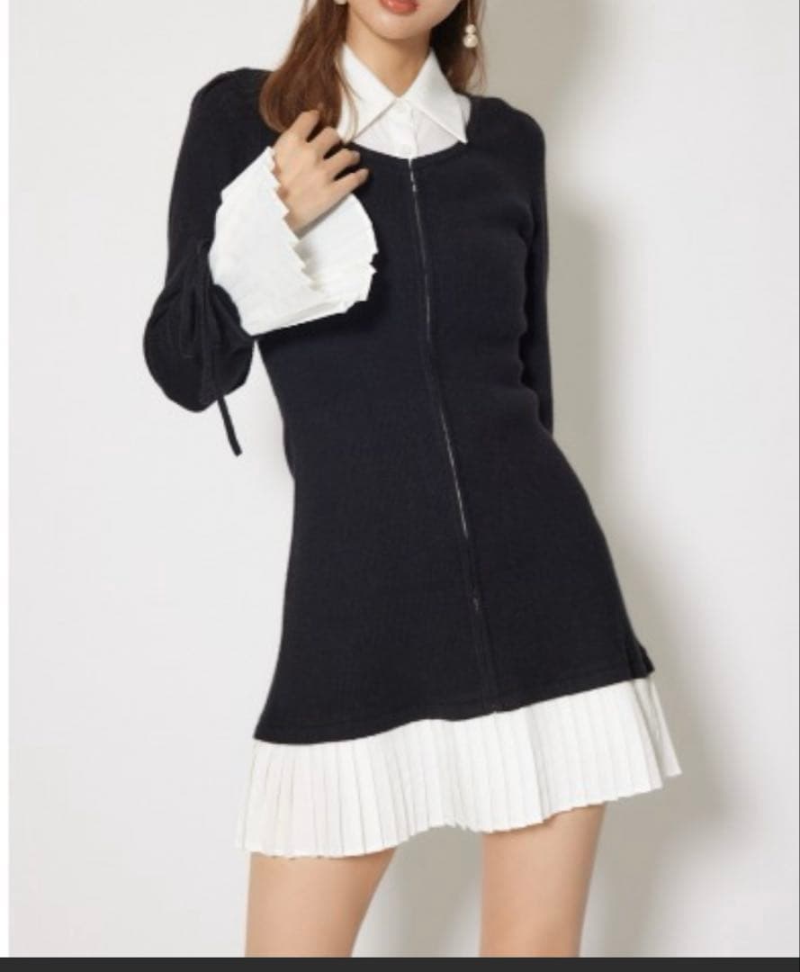 rienda レイヤードパターンシャツニットミニワンピース