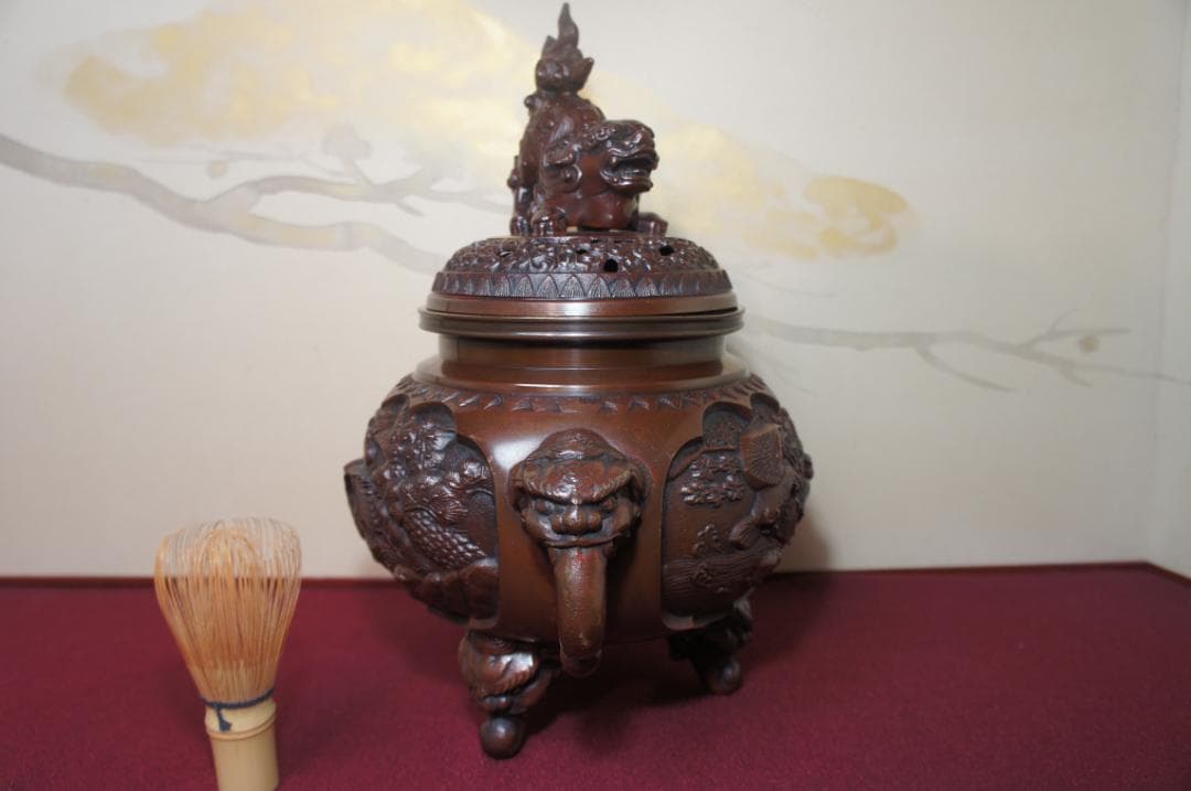 ★美品 高岡銅器 瑞峰作 新特大 花鳥 高級銅製香炉工芸作家造 送料込み