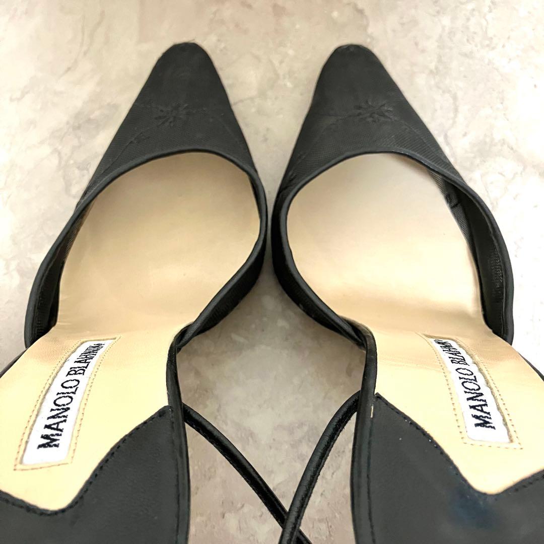 マノロブラニク　フラワー刺繍ミュール　ブラック黒　メッシュ　アンクルストラップ