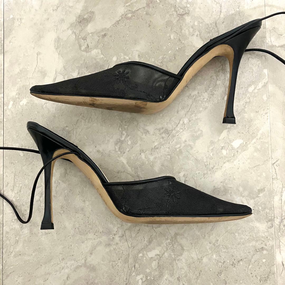 マノロブラニク　フラワー刺繍ミュール　ブラック黒　メッシュ　アンクルストラップ