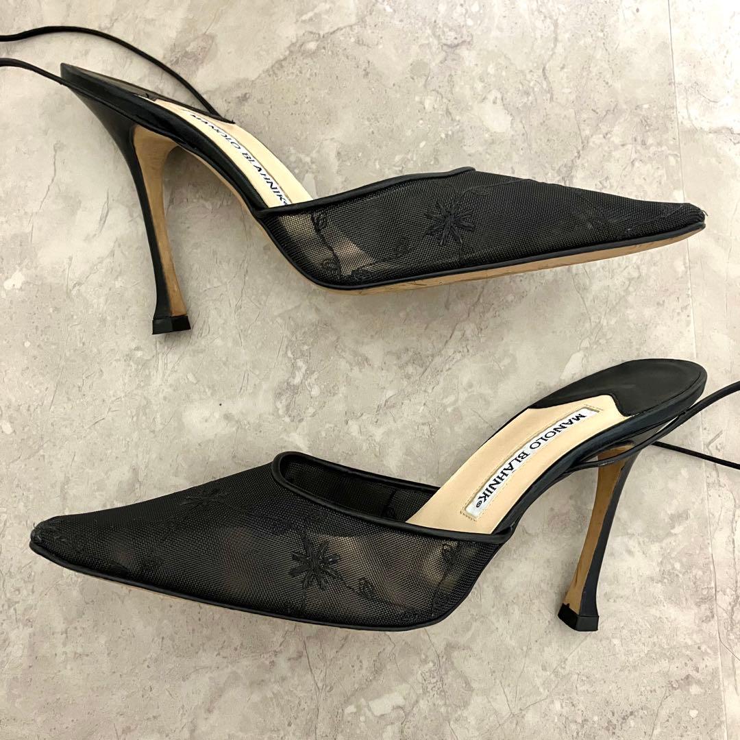 マノロブラニク　フラワー刺繍ミュール　ブラック黒　メッシュ　アンクルストラップ