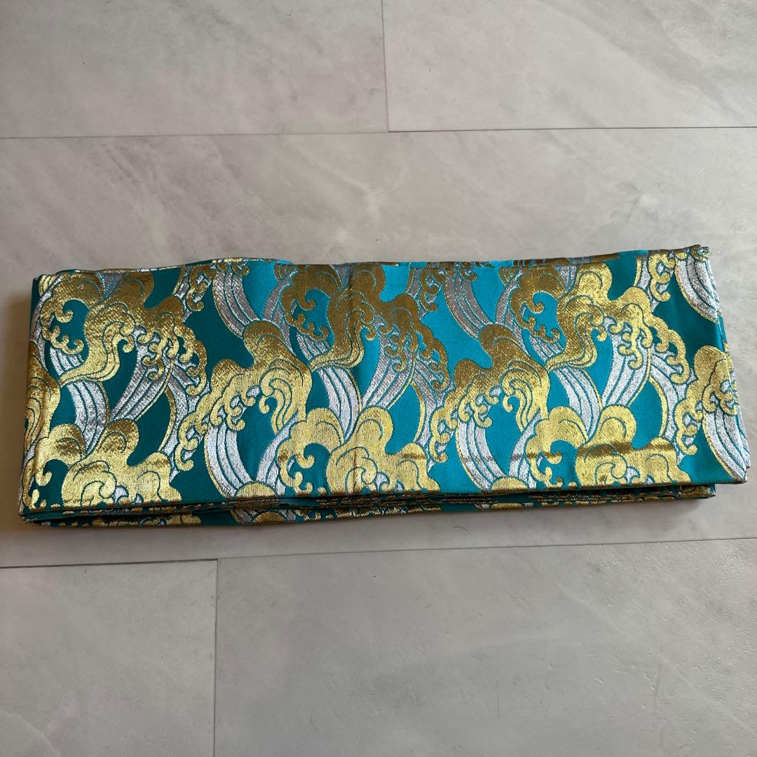☆レア☆ 青緑色と金色の波模様 半幅帯