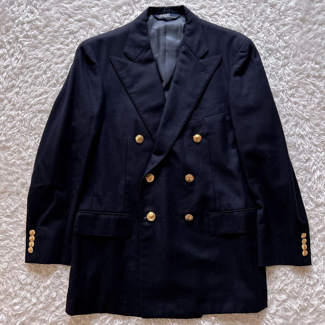 80s✨ポロラルフローレン　紺ブレ　ダブルテーラードジャケット　金ボタン