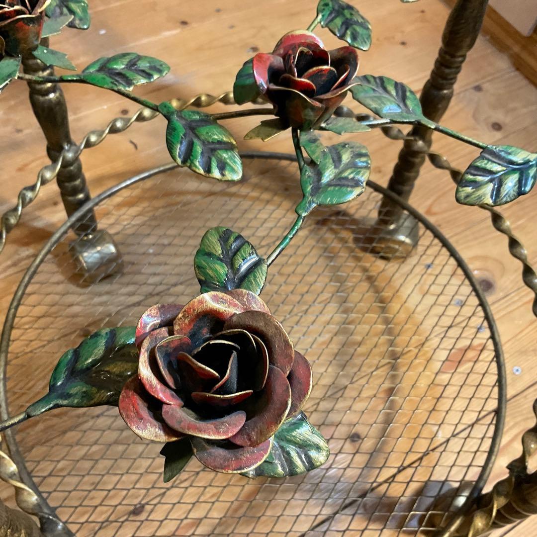 美品！薔薇 サイドテーブル 丸 ガラス バラ キャスター付 アンティーク調