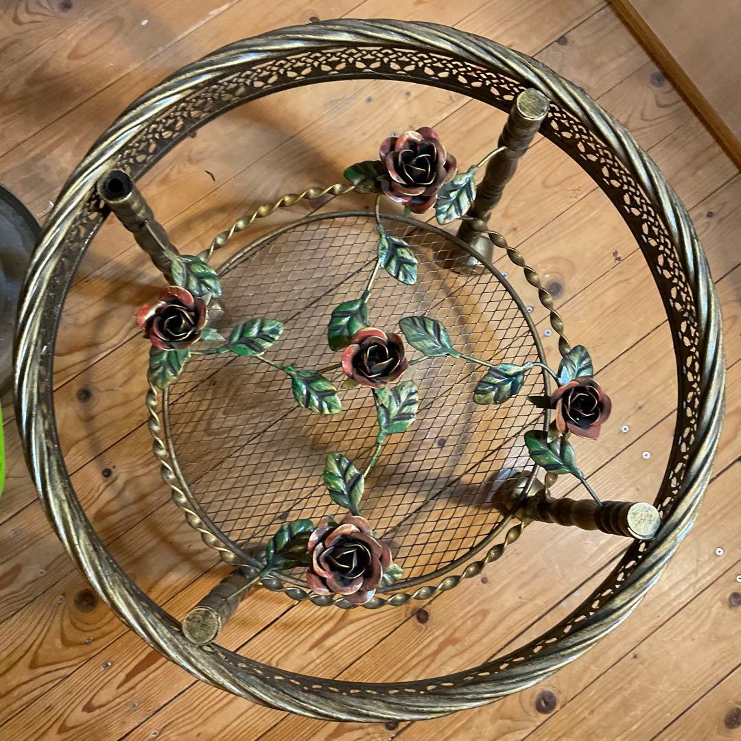 美品！薔薇 サイドテーブル 丸 ガラス バラ キャスター付 アンティーク調