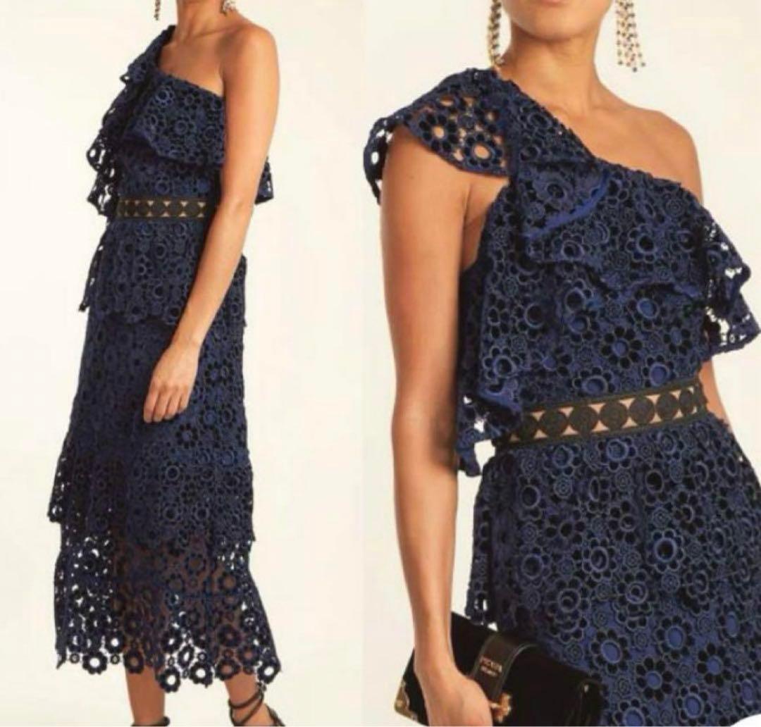 self−portrait ネイビー フラワーレース アシンメトリー ワンピース