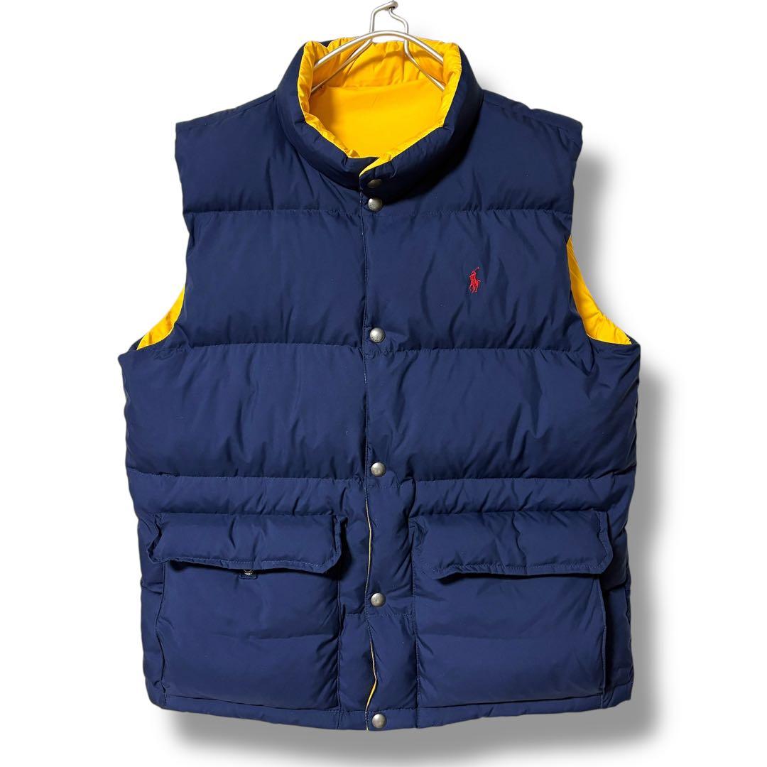 人気 ポロラルフローレン ダウンベスト XL リバーシブル ネイビーxイエロー
