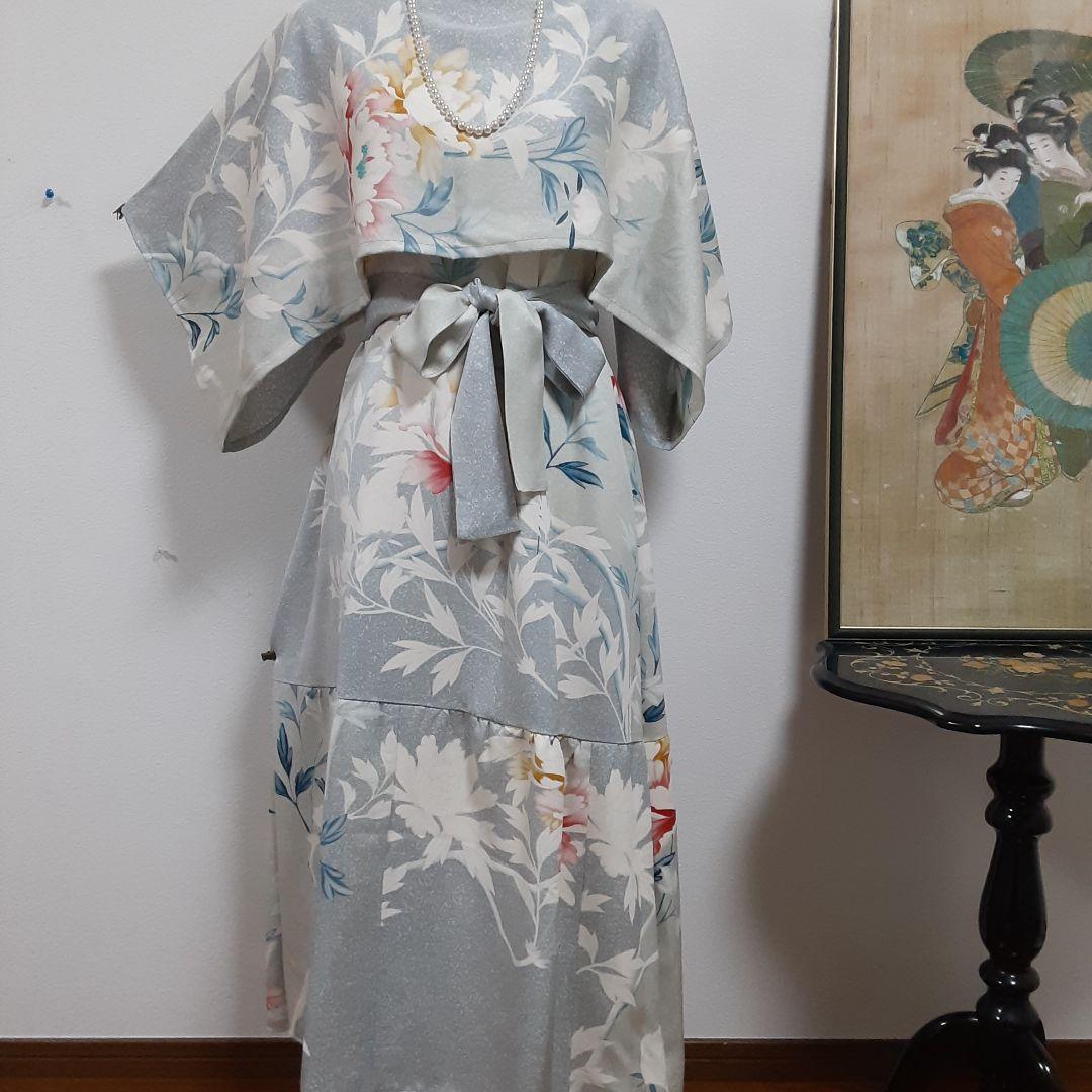 お値下げ……リメイク着物ロングワンピースボレロ付きＬ正絹