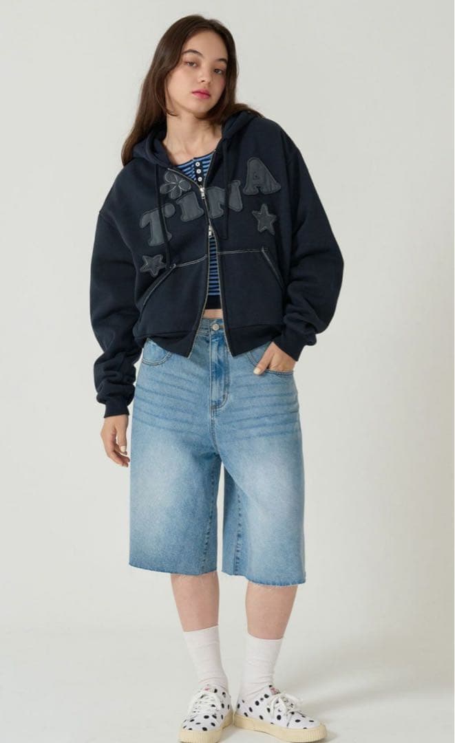 裏起毛 ロゴパッチワーク フーディー TINA：JOJUN ネイビー 新品未使用