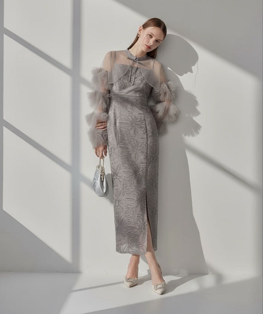 Leja フリルチュールスリーブリボンIラインワンピースドレス