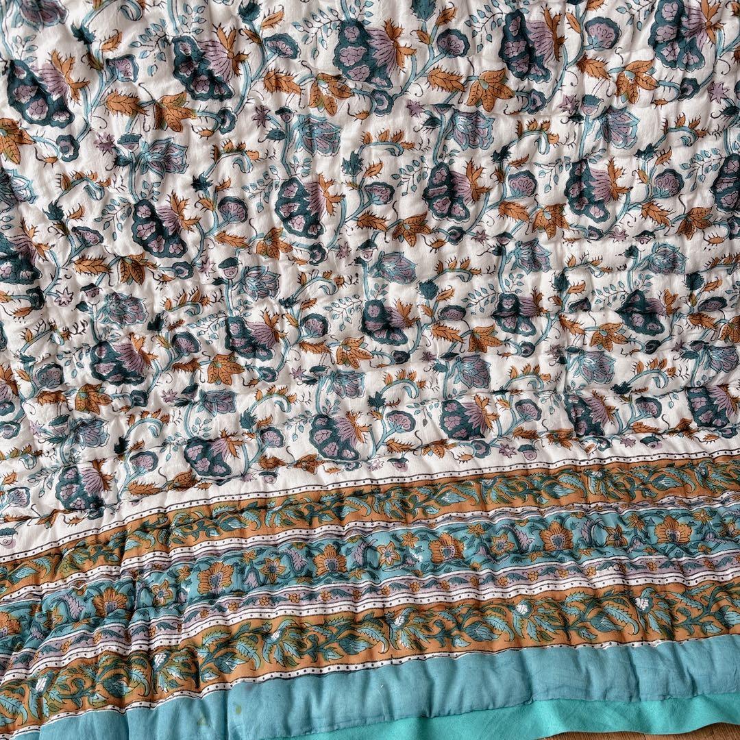 未使用※インド ブロックプリント 中綿入りキルト サファイア　マルチラグカバー