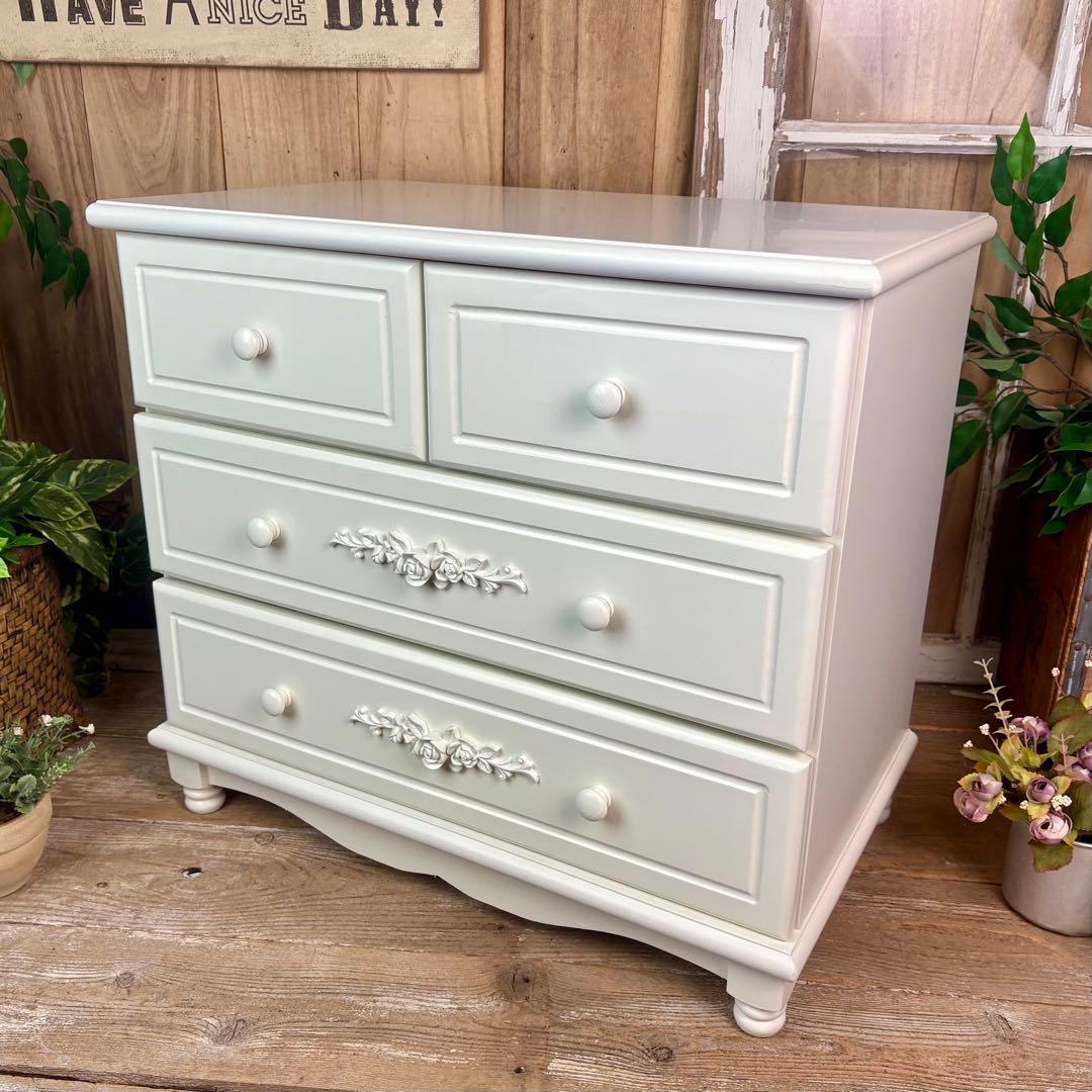 訳あり品！【102】フレンチ調ホワイトチェスト三段四つ引き木製収納家具姫系タンス