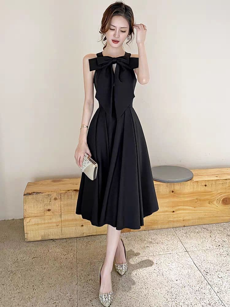 大人エレガント✭ひざ丈ブラックドレス✭高級感リボン✭デート&結婚式、二次会対応