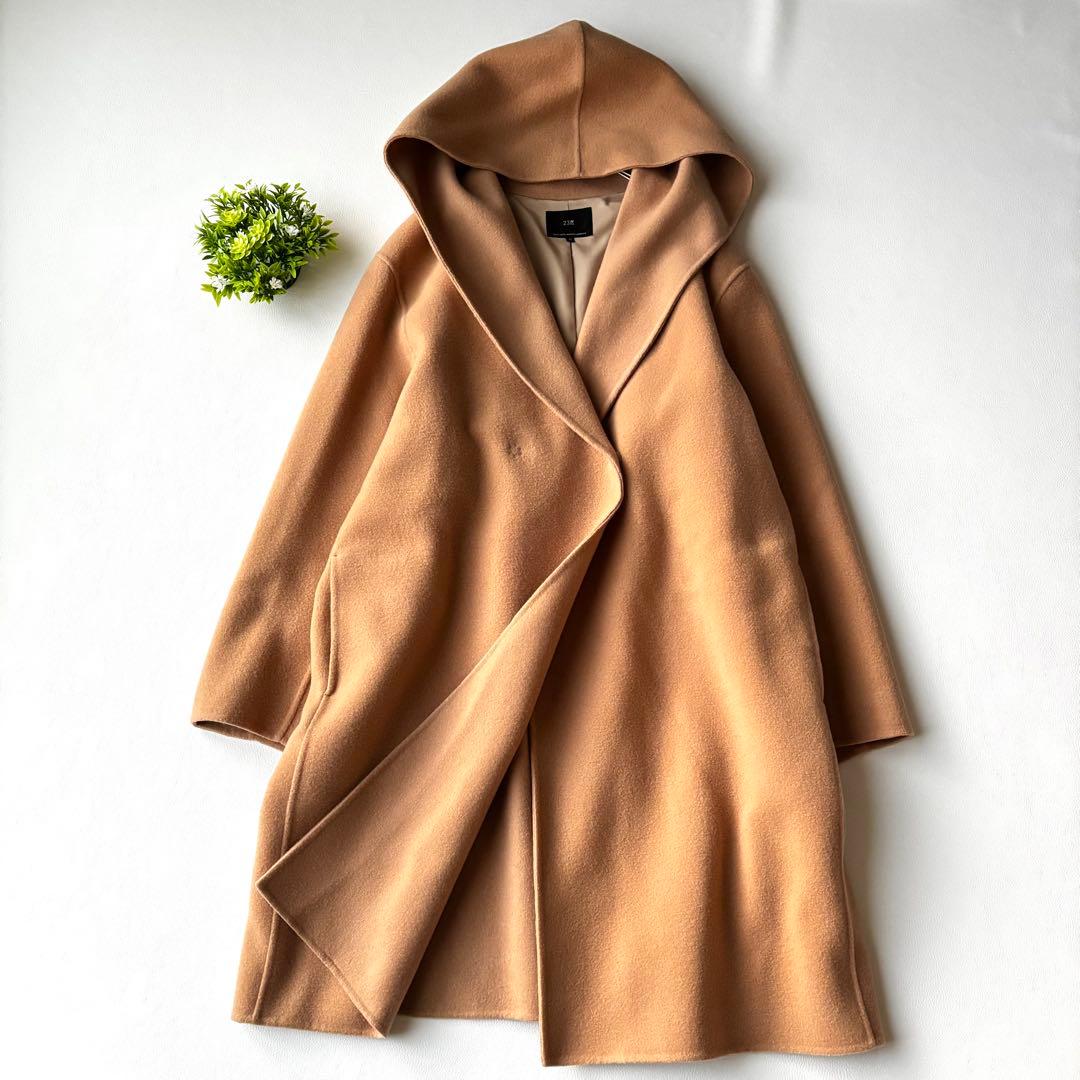 【大きいサイズ】23区　ウールリバー フード付き ミドル丈コート　キャメル　46