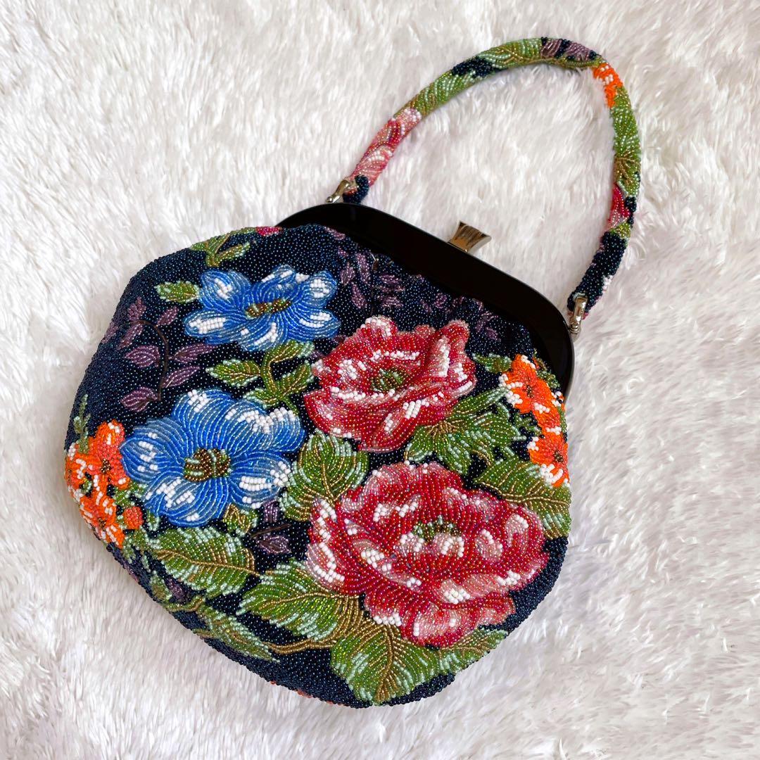 【美品】ビーズバッグ　手刺繍　総柄　花柄　総ビーズバッグ　和装　がま口 手鏡付き