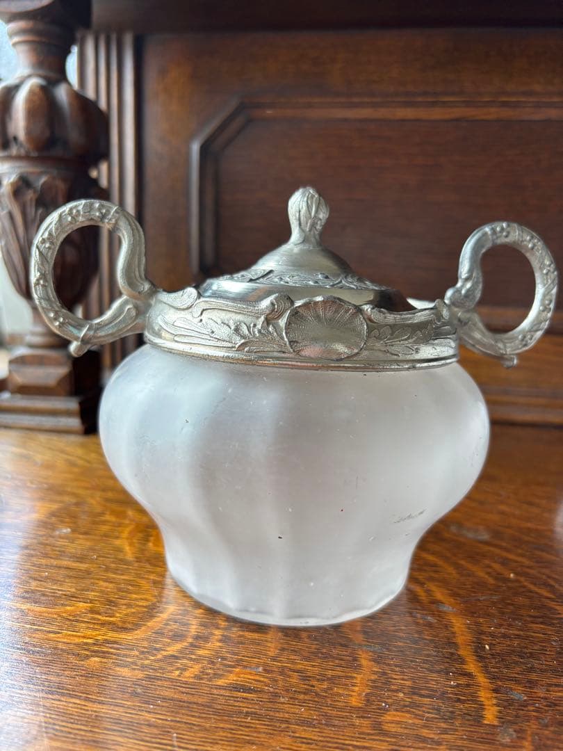 フランスアンティーク 素敵なビスケットジャー蓋付、取手付