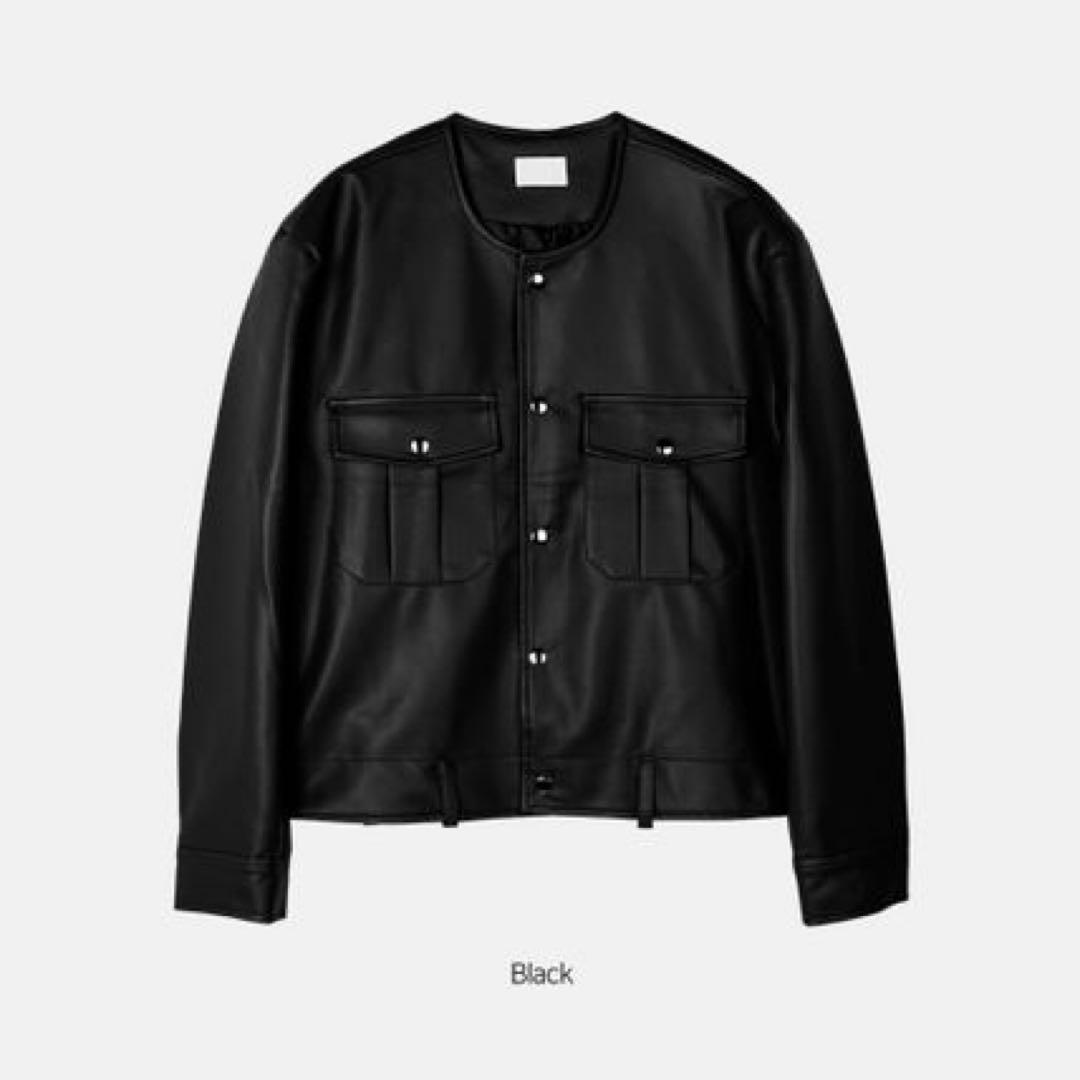 ブラック ノーカラーレザージャケット 韓国ファッション MUSINSA