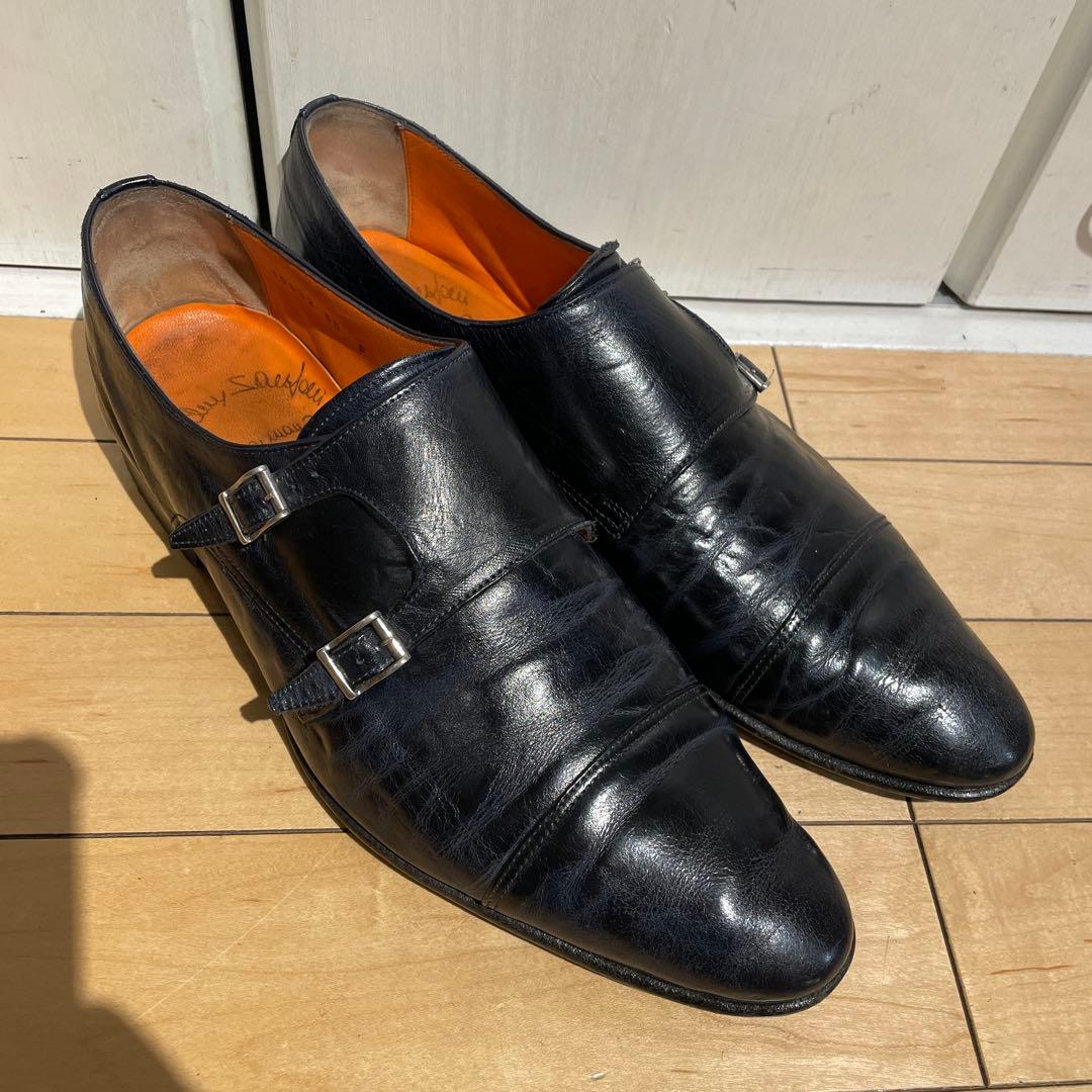 santoniネイビーダブルモンクシューズ