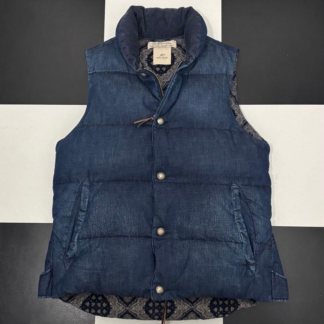 美品 濃紺 レミレリーフ 裏バンダナ デニム コンチョ ダウン ベスト L 切替