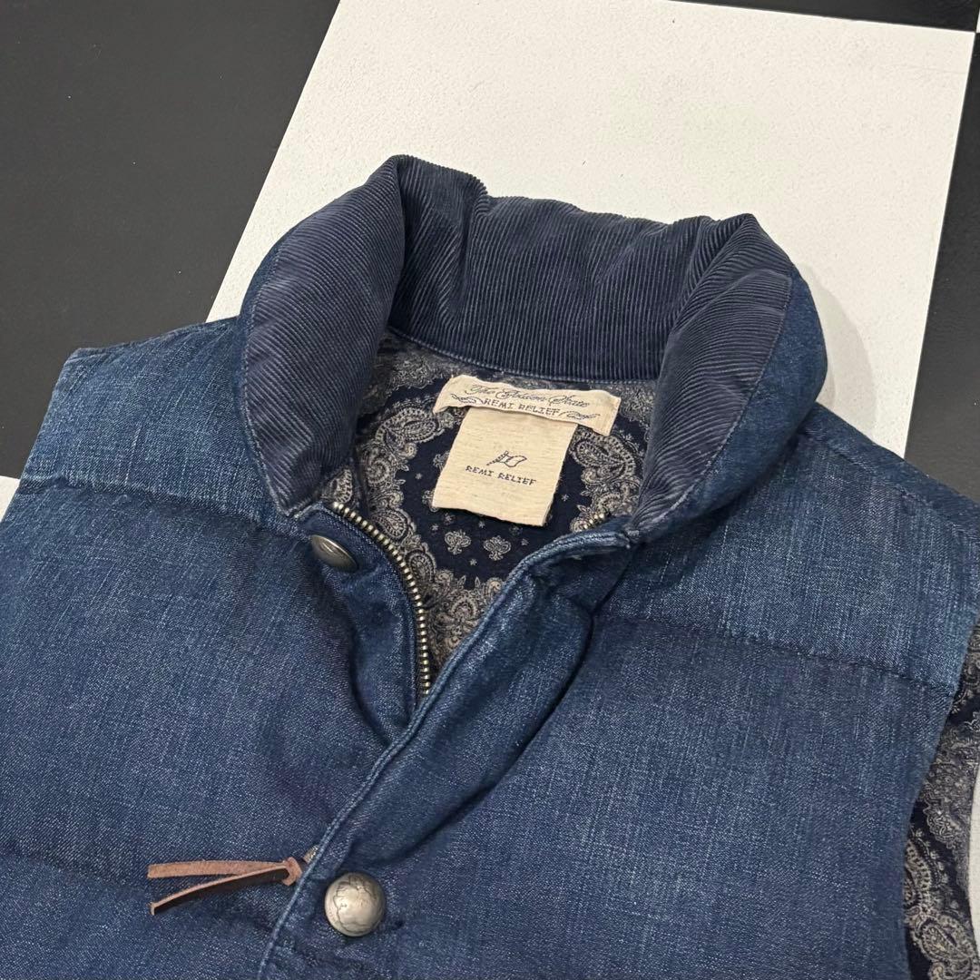 美品 濃紺 レミレリーフ 裏バンダナ デニム コンチョ ダウン ベスト L 切替