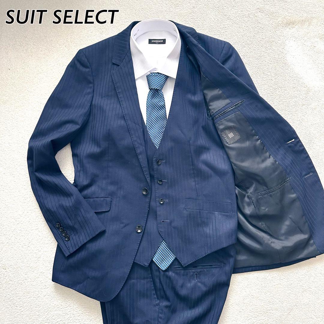 スーツセレクト　スリーピース　セットアップ　スーツ　ネイビー　ストライプ