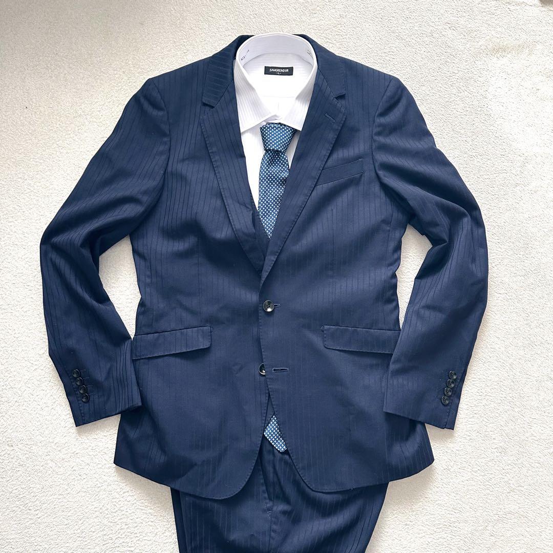 スーツセレクト　スリーピース　セットアップ　スーツ　ネイビー　ストライプ