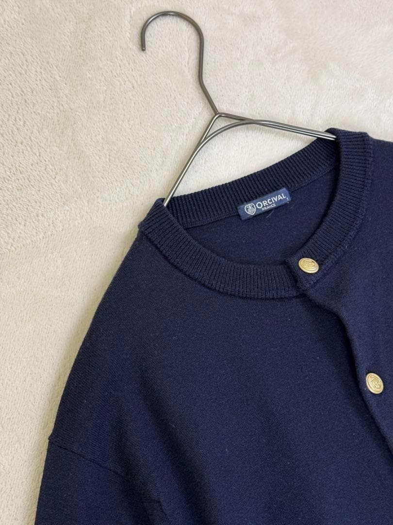 ORCIVALオーシバル　メタルボタンカーディガン　ボリュームスリーブ　紺色