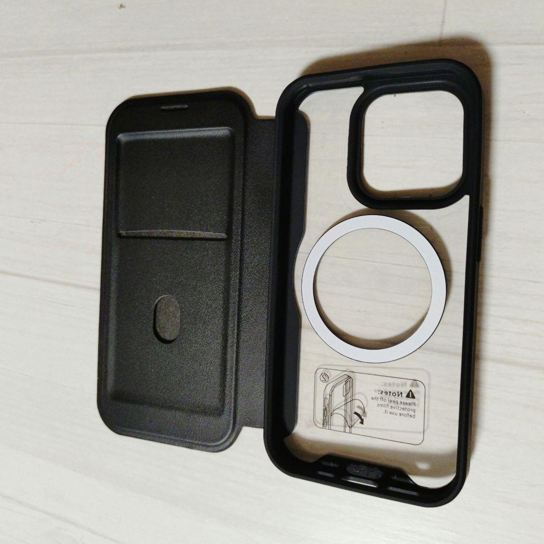 iPhone15 スマホケース クリア 手帳型　ブラック