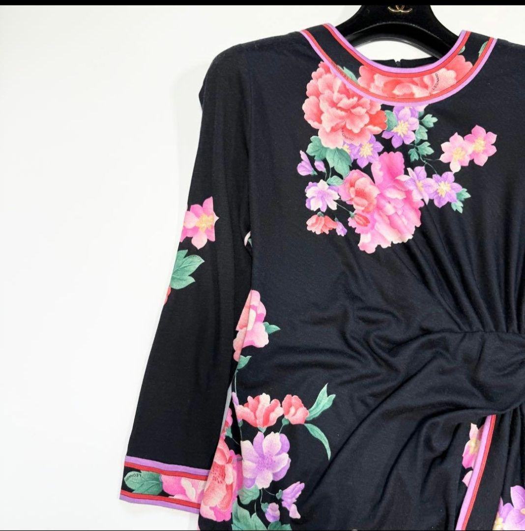 【美品✨】レオナール　ワンピース　花柄　ボタニカル　トリム　ウール　シルク　38