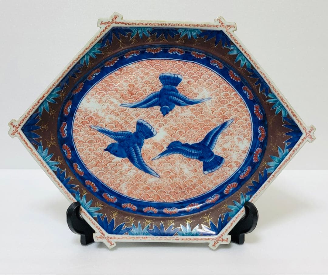 明治初期 香蘭社 色絵褐地青海波鳥竹文 ブラックホーソン六角大皿