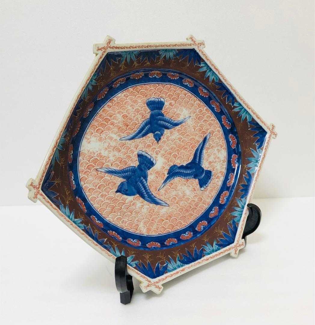明治初期 香蘭社 色絵褐地青海波鳥竹文 ブラックホーソン六角大皿