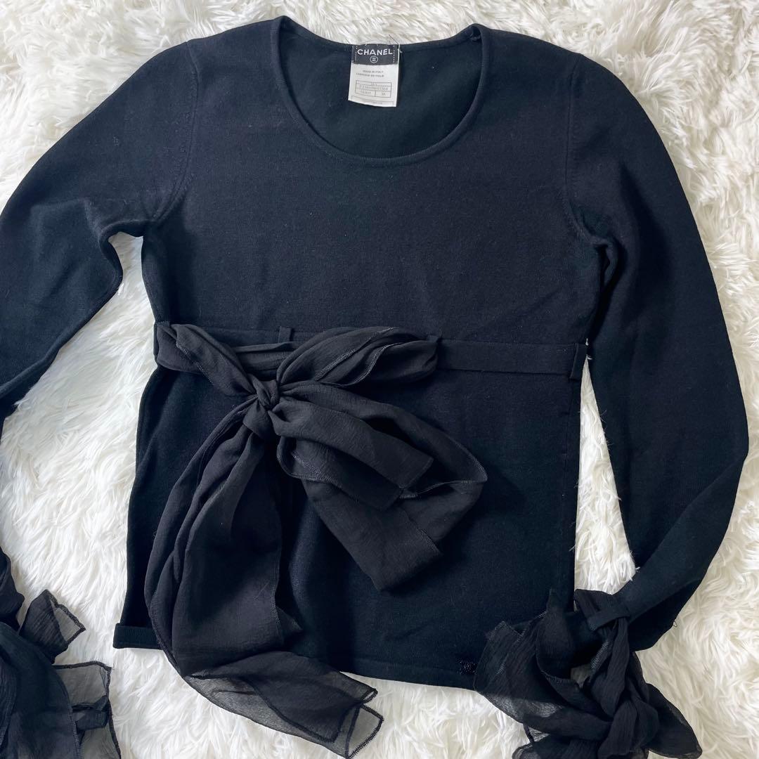 シャネル　CHANEL カットソー　ウエストリボン　袖リボン　ブラウン　黒
