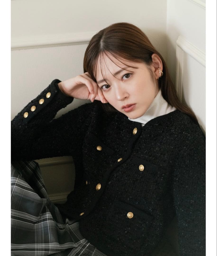 FRAY I.D ミックスツイードニットカーディガン　ノーカラー ブラック 黒