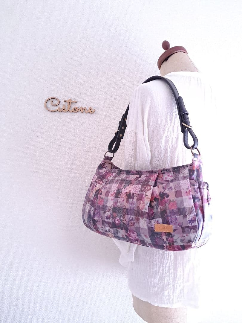 持ち手付　リバティ　ラミネート　アーカイブギンガム　パープル　横長ショルダー