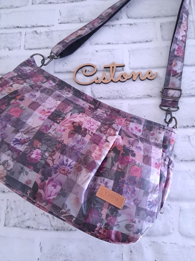 持ち手付　リバティ　ラミネート　アーカイブギンガム　パープル　横長ショルダー