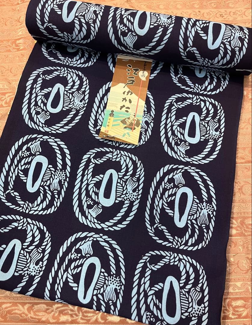 紺　白　綱　刀の鍔　本染　浴衣　反物