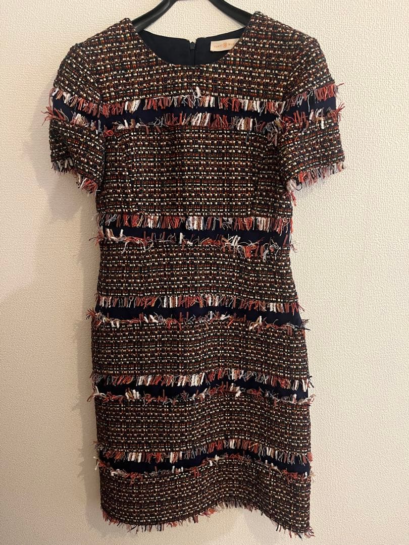 トリーバーチ ツイード フリンジ ワンピース 半袖 サイズ2 結婚式 二次会
