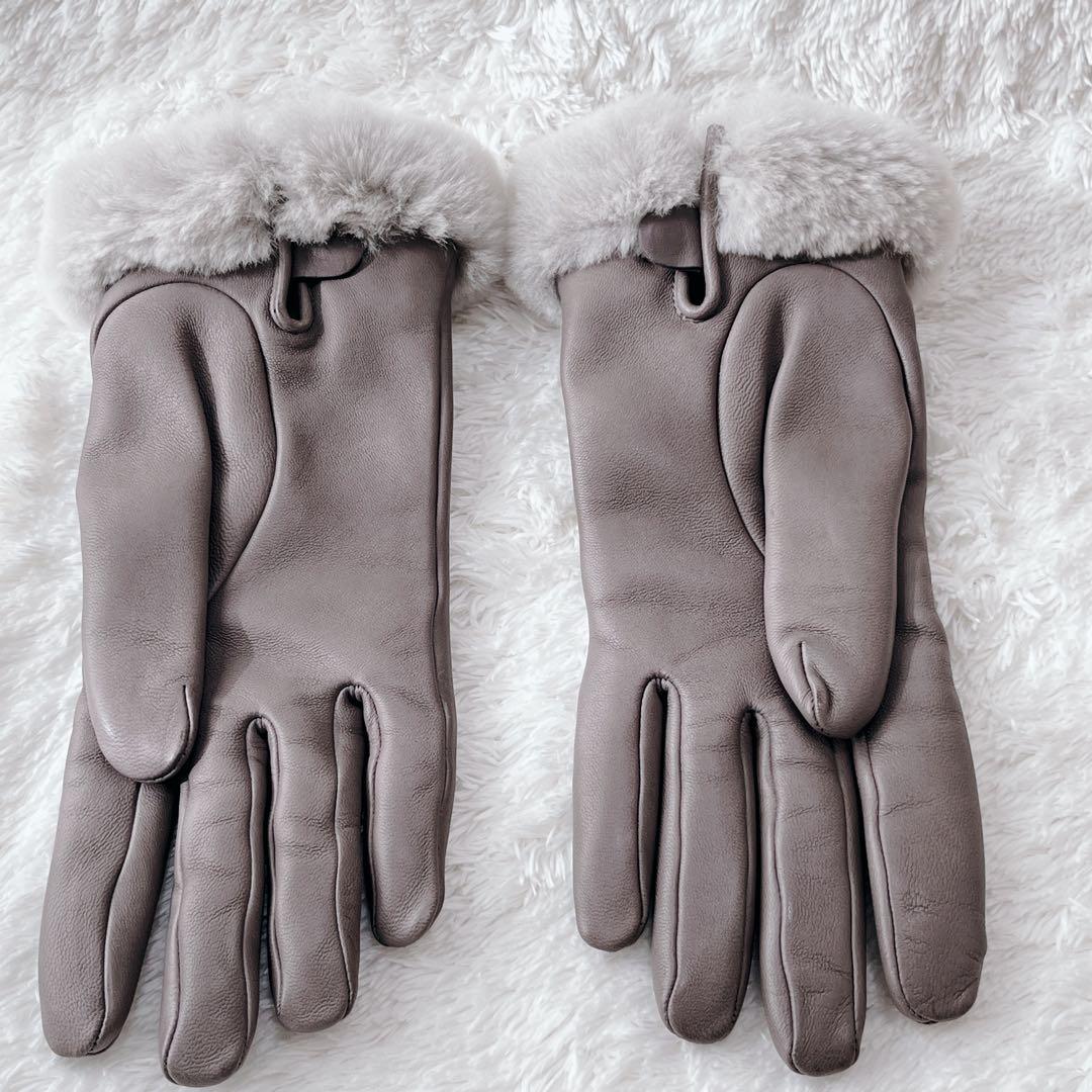 【 美品】HERMES レザー手袋 ミンクファー ケリー　グレー