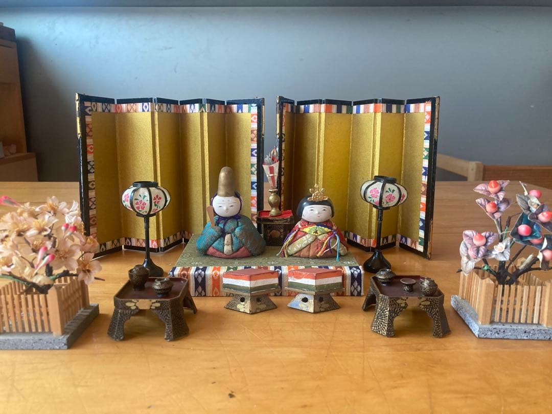 アンティーク小さい木目込み雛人形セット　蔵出し