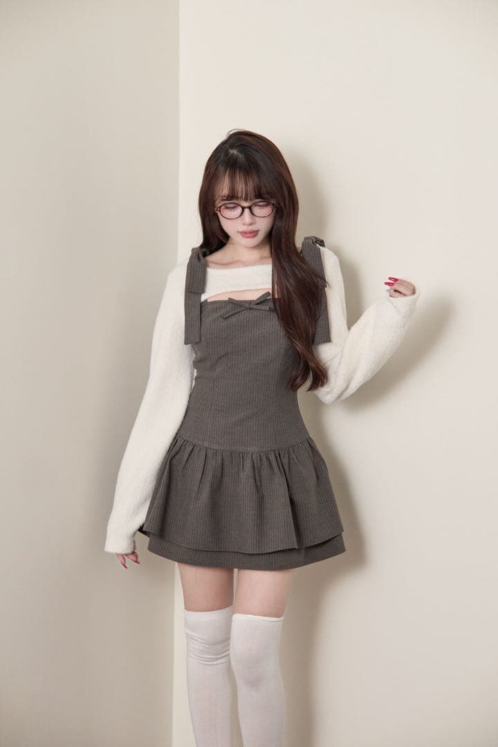 Bunnylis　ふわもこボレロ×ストライプミニワンピセット　ホワイト