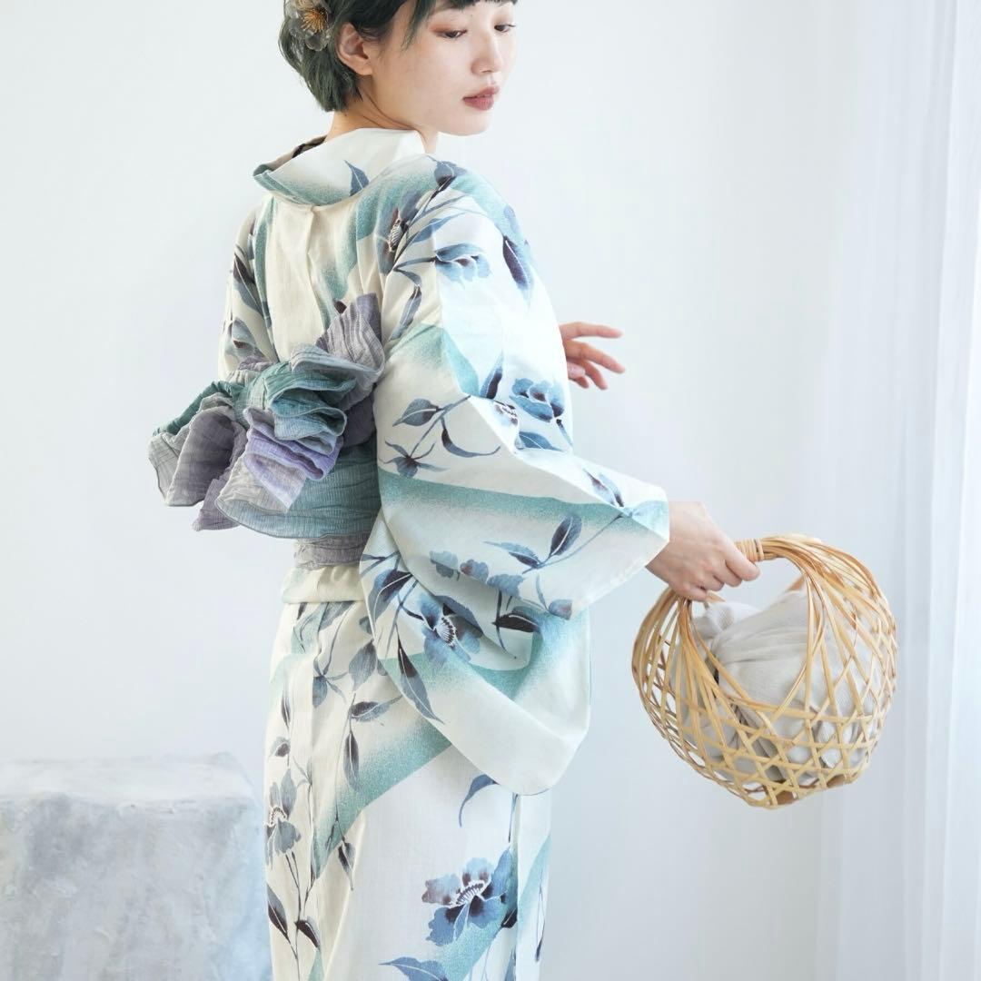 utatane 高級変わり織 浴衣3点セット 淡いミントの霧ぼかし花