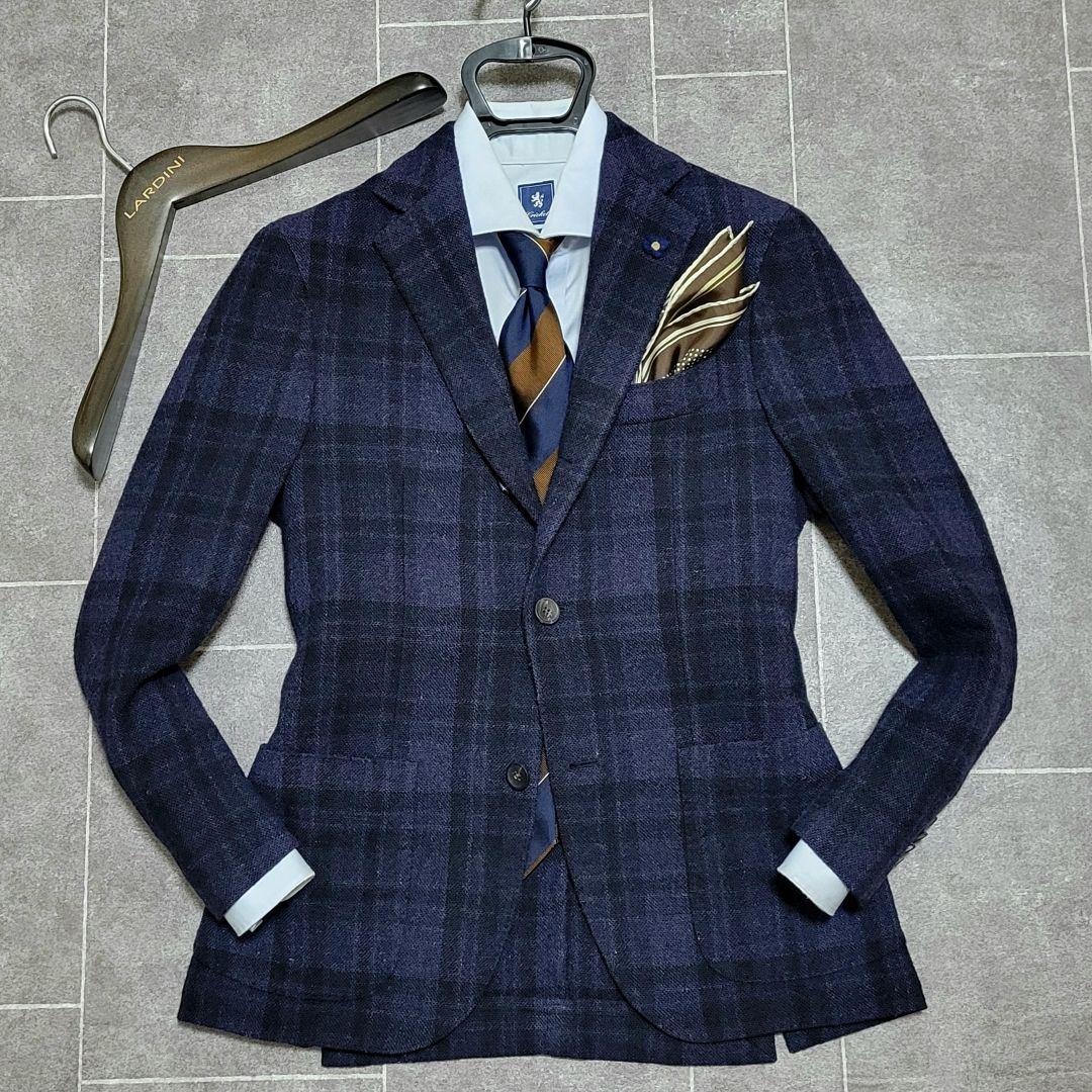 LARDINI 秋冬ツイード系 ネイビーチェック テーラードジャケット