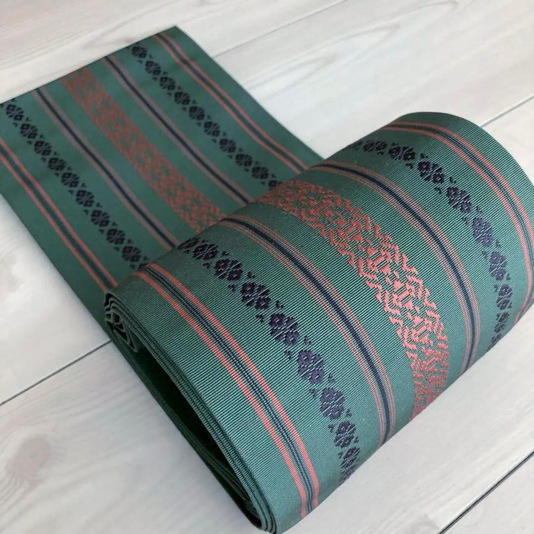 Rin 本場筑前博多織　半幅帯　深緑　正絹　織り出し　No.5-22
