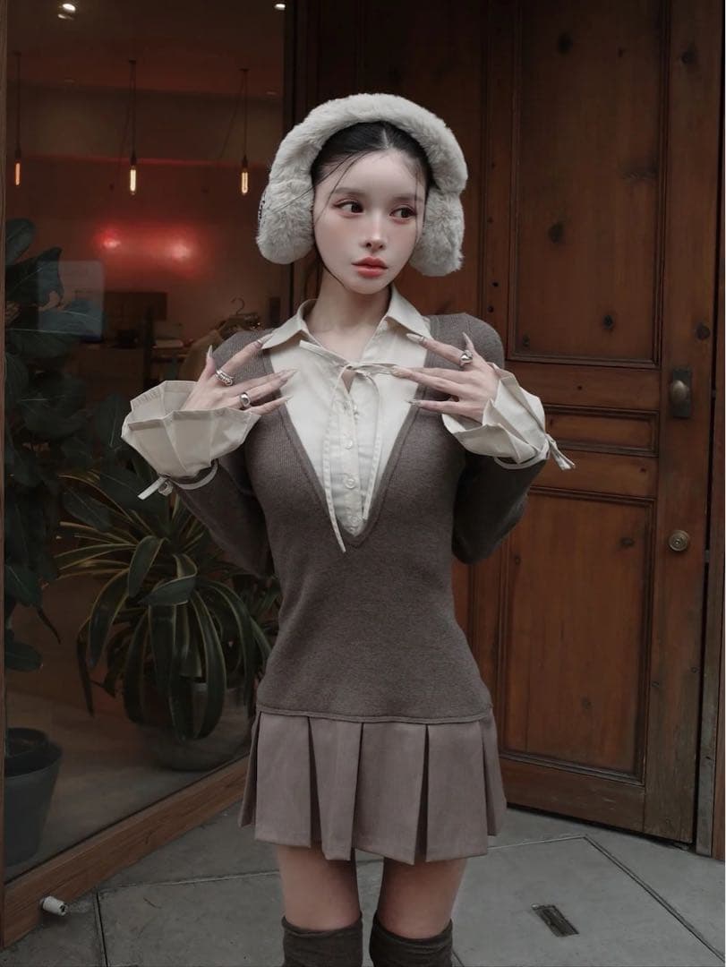 シャツドッキングプリーツミニワンピース FREE MOC