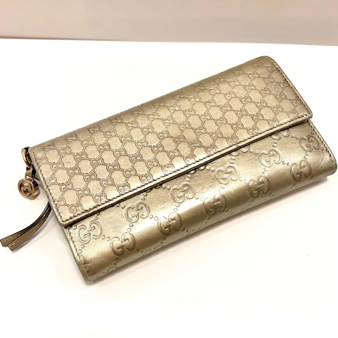 グッチ 長財布 シマ マイクロGG インターロッキング レザー 大容量 ゴールド
