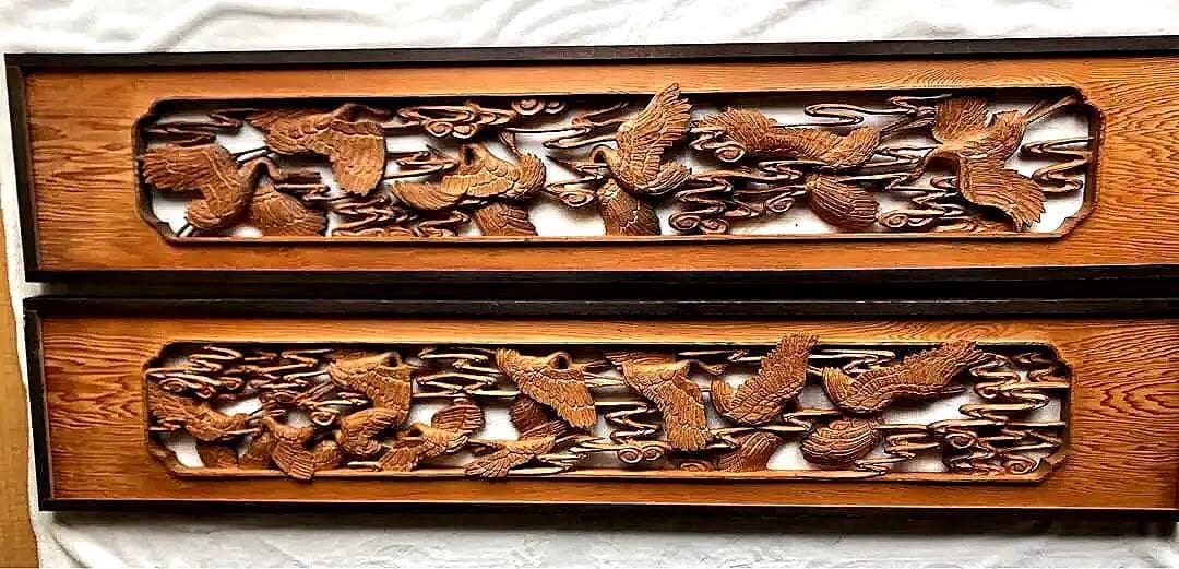 【井波彫　特殊彫り 欄間】千羽鶴 木彫り 彫刻