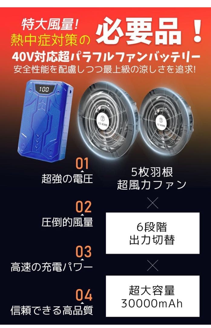 2025業界超強40V/30000mAhファンバッテリーセット 空調作業服ファン